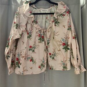 Floral Ruffle Tie Front Blouse - Cream